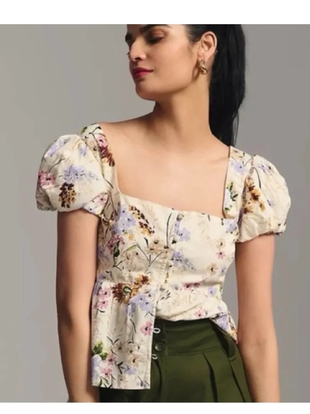 Anthropologie Cream Floral Square-Neck Puff Sleeve Peplum Top